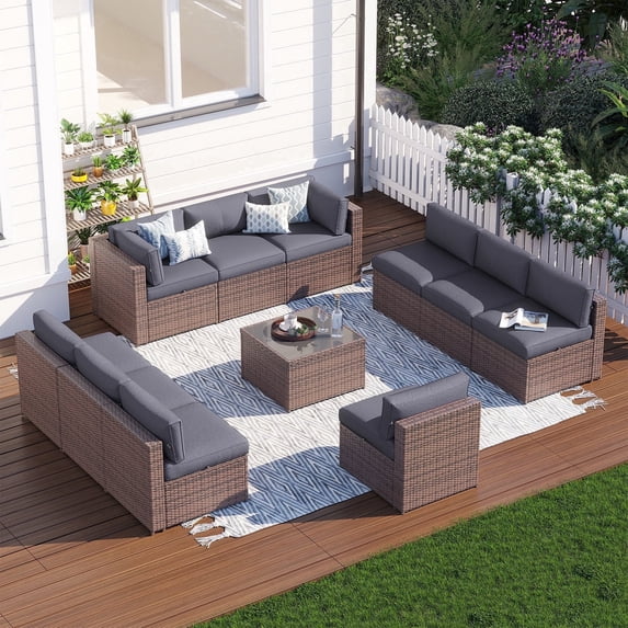 Clouddwell 11 Piece Patio Furniture Set Wicker Rattan Patio Conversation Set Outdoor Sectional Sofa Set with Coffee Table and Gray Cushions(Waterproof Cover Included)
