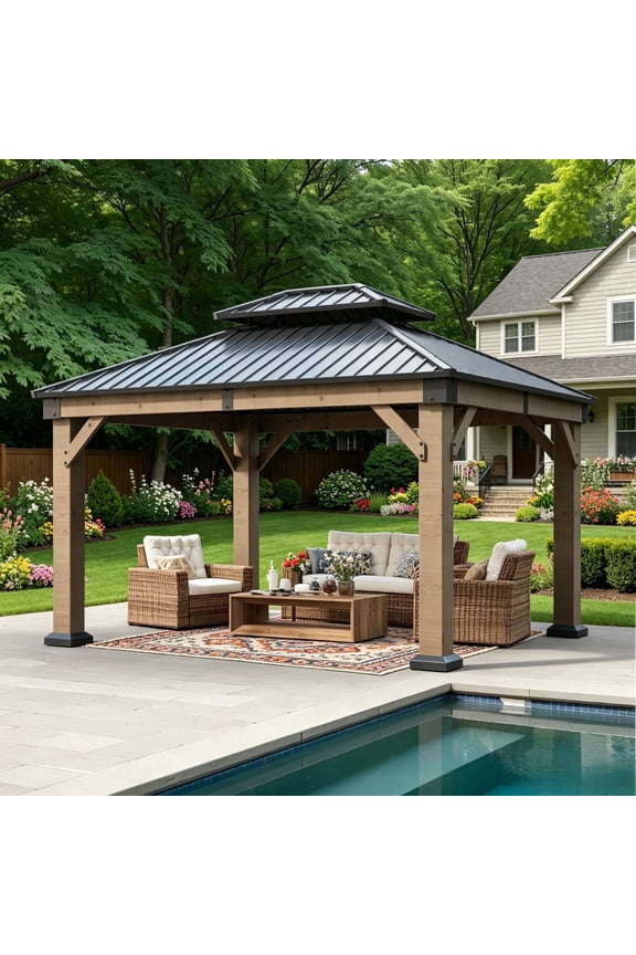10' × 12' Cedar Wood Hardtop Gazebo with Ventilated Double-Tier Metal Roof for Outdoor Patio & Backyard