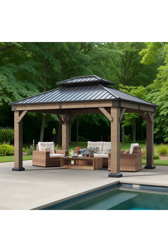 12*10FT Upgraded Cedar Gazebo,Cedar Hard Roof Gazebo,with Double-Layer Galvanized Steel Roof,Suitable for Backyard,Desk,and Lawn.