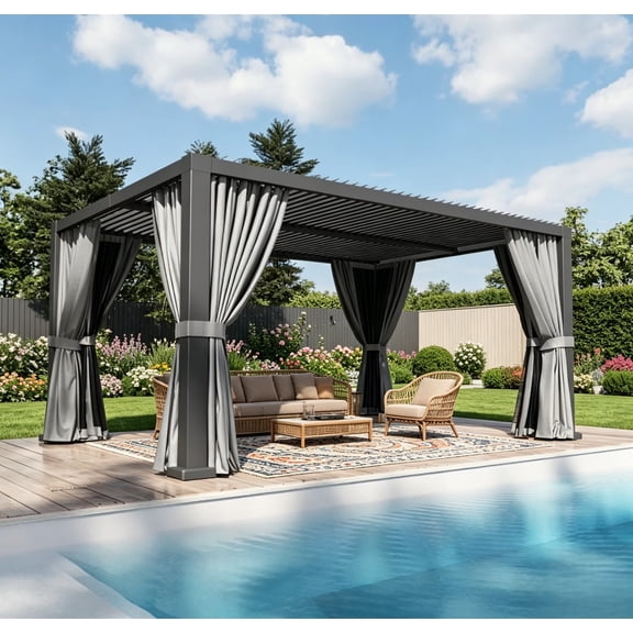 Clouddwell 12' × 16' Adjustable Louvered Pergola, Outdoor Aluminum Pergola with Curtains & Netting for Backyard, Deck & Poolside, Gray