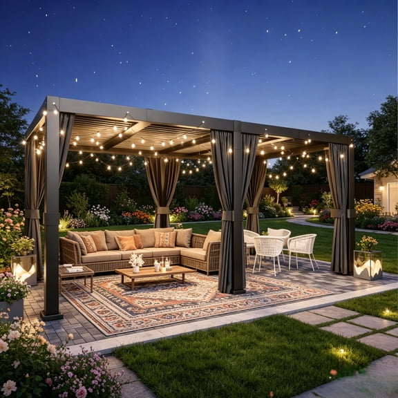 Clouddwell 12' × 20' Adjustable Louvered Pergola, Outdoor Aluminum Pergola with Curtains & Netting for Backyard, Deck & Poolside, Gray