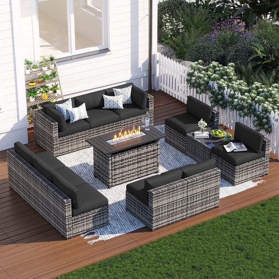 Clouddwell 12 Piece Patio Furniture Set with 44” Fire Pit Table Wicker Rattan Patio Conversation Set Outdoor Sectional Sofa Set with Coffee Table and Black Cushions(Waterproof Cover Included)