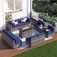 thumbnail image 1 of Clouddwell 12 Piece Patio Furniture Set with 44” Fire Pit Table Wicker Rattan Patio Conversation Set Outdoor Sectional Sofa Set with Coffee Table and Blue Cushions(Waterproof Cover Included), 1 of 9