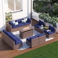 thumbnail image 1 of Clouddwell 12 Piece Patio Furniture Set with 44” Fire Pit Table Wicker Rattan Patio Conversation Set Outdoor Sectional Sofa Set with Coffee Table and Blue Cushions(Waterproof Cover Included), 1 of 9