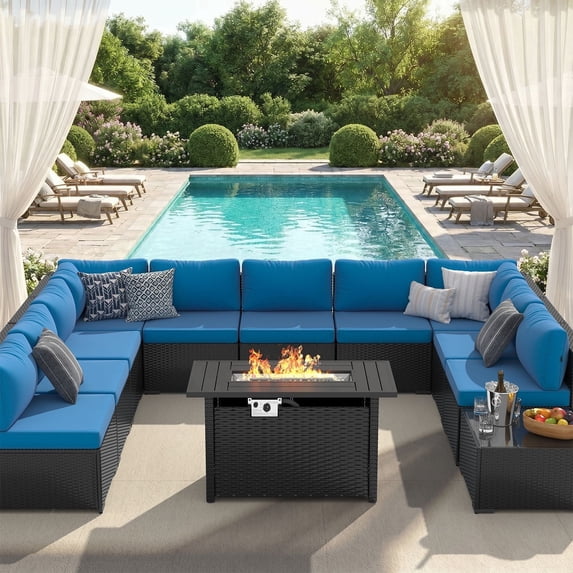 Clouddwell 12-Piece Patio Furniture Set With Fire Table On Sale, Black Rattan Wicker Outdoor Sectional Sofa Couch with Table Patio Conversation Set for Lawn& Backyard, Blue