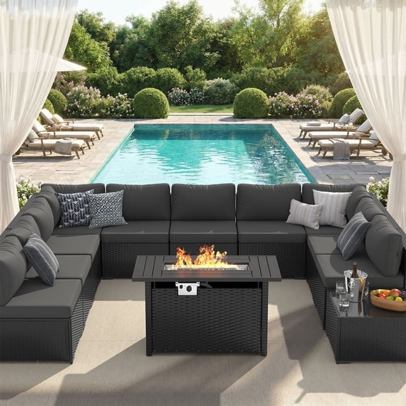 Clouddwell 12-Piece Patio Furniture Set With Fire Table On Sale, Black Rattan Wicker Outdoor Sectional Sofa Couch with Table Patio Conversation Set for Lawn& Backyard, Gray
