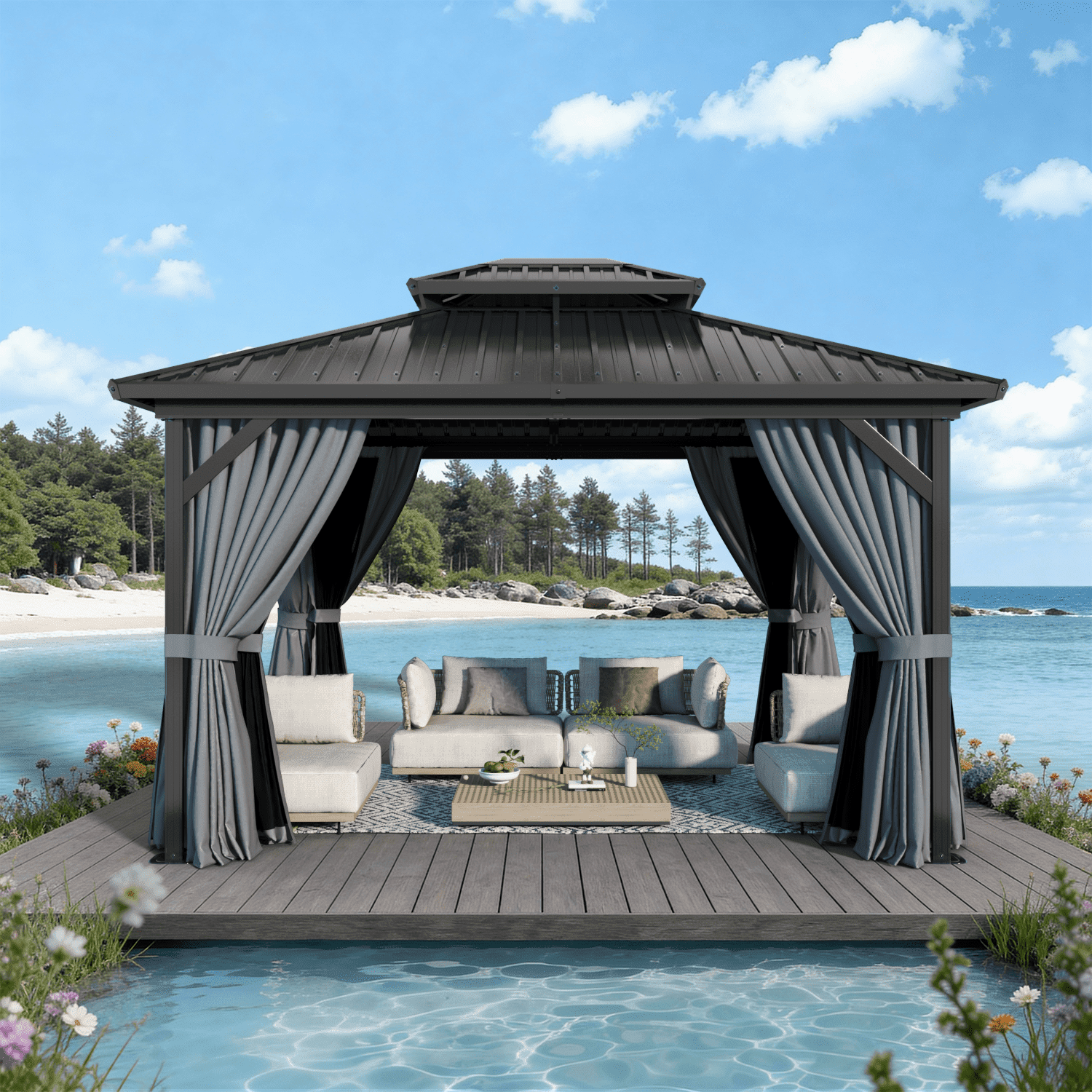 LazySunsets 12' X 10' Hardtop Gazebo with Double Roof Outdoor Gazebos for Patio Lawn and Garden Included Netting and Curtains, Gray