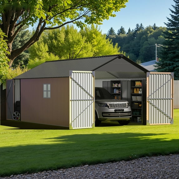 Clouddwell 12 x 20 FT Shed Outdoor Storage Shed with Double Hinged Large Door, Large Metal Storage Cabinet for Car Storage, Pool Storage, Bike Shed, Garden Tools, Patio Furniture, White