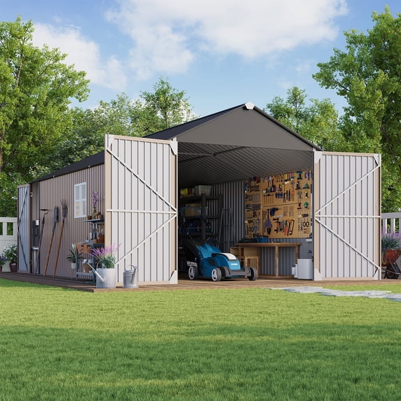 LazySunsets 12 x 20FT Shed Outdoor Storage Shed with Double Hinged Large Door, Extra Large Metal Shed with Lockable Door & Sloped Roof for Garden, Backyard, Patio and Backyard, Brown