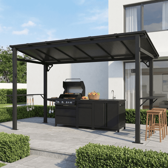 Clouddwell 12'x5.5' Permanent Metal Gazebo,Outdoor BBQ Canopy with Polycarbonate Panel & Sloping Steel Roof, Grill Shelter with 2 Side Shelves and Hooks for Patio, Backyard, Deck