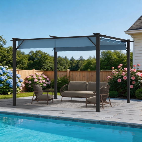 Clouddwell 12x10 ft Outdoor Pergola with Retractable Canopy, Heavy-Duty Metal Frame Patio Pergola for Backyard & Garden, UV Protection Sun Shade, Blue