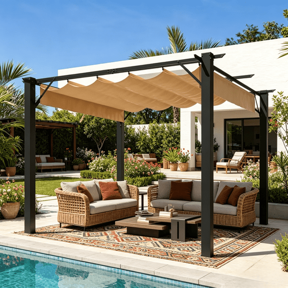 Clouddwell 12x10 ft Outdoor Pergola with Retractable Canopy, Heavy-Duty Metal Frame Patio Pergola for Backyard & Garden, UV Protection Sun Shade, Khaki