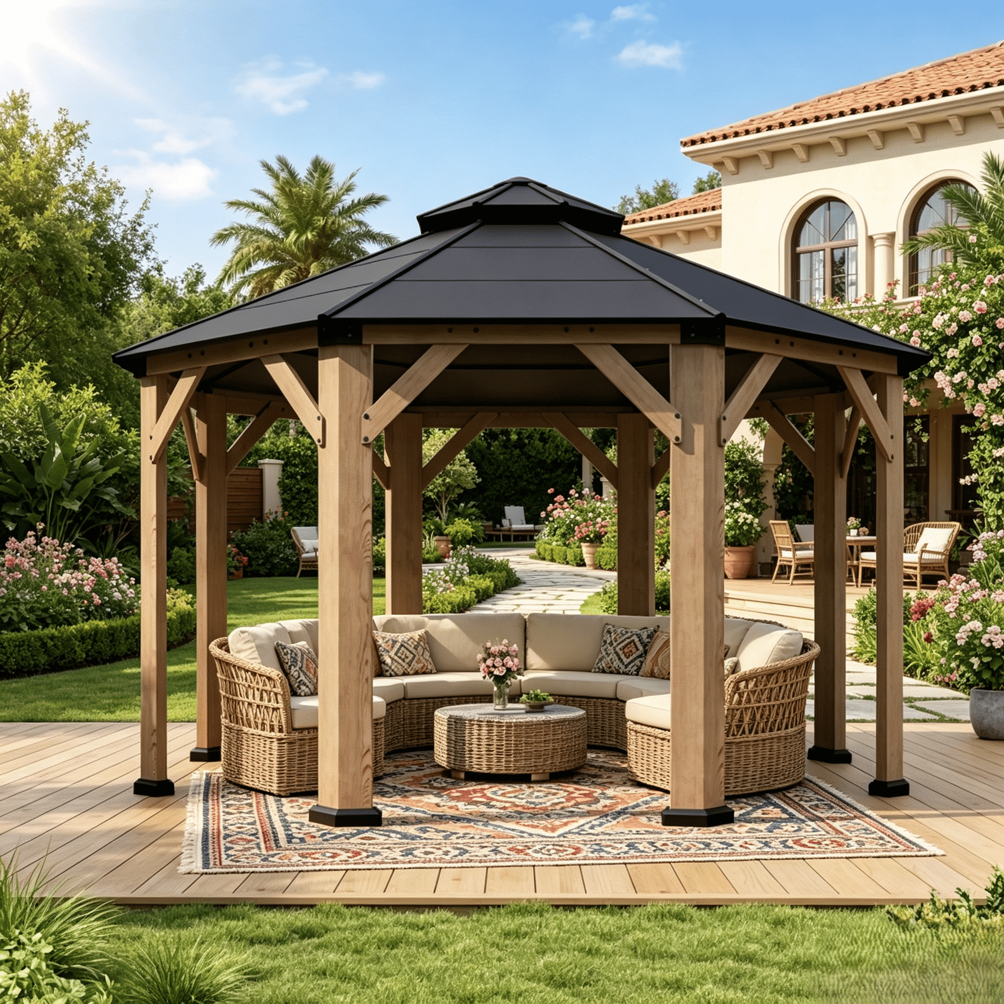 Hommow Hard Steel Wooden Roof, 11' x 13' Solid Spruce Wood Gazebo