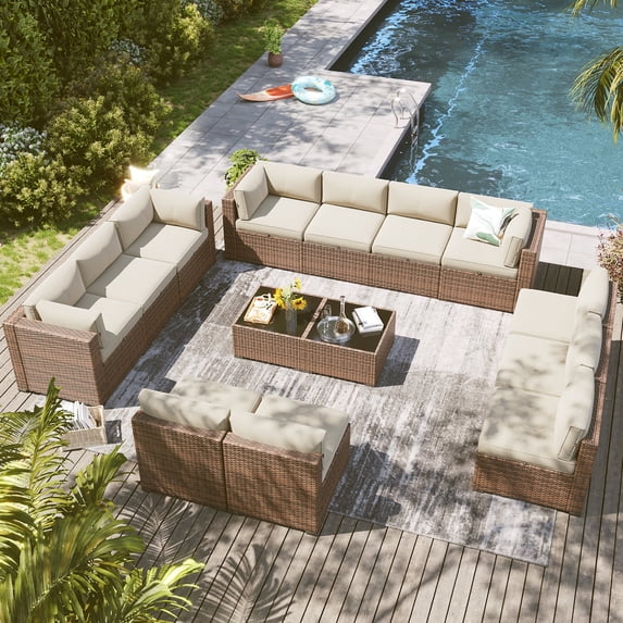 Clouddwell 14 Piece Outdoor Patio Furniture Set, Wicker Rattan Patio Sectional Sofa Set (Beige)
