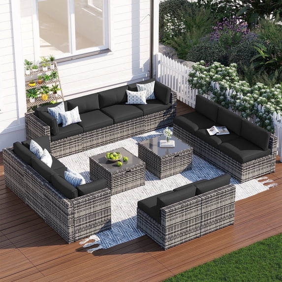 Clouddwell 14 Piece Patio Furniture Set Wicker Rattan Patio Conversation Set Outdoor Sectional Sofa Set with Coffee Table and Black Cushions(Waterproof Cover Included)