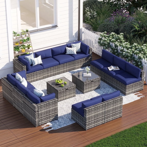 Clouddwell 14 Piece Patio Furniture Set Wicker Rattan Patio Conversation Set Outdoor Sectional Sofa Set with Coffee Table and Blue Cushions(Waterproof Cover Included)