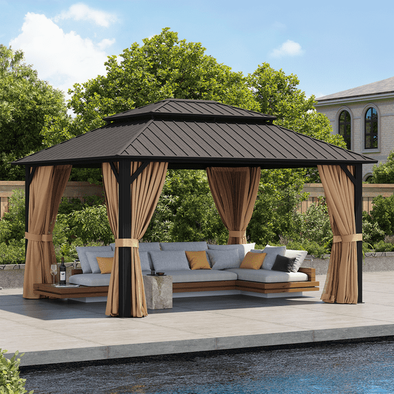 Clouddwell 14' x 12' Gazebo for Patio, Gazebo Pergola with Sloped Roof, Large Wall-Mounted Heavy Duty Awnings, for Deck, Patio and Backyard,Brown