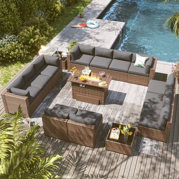 Clouddwell 15 Piece Outdoor Patio Furniture Set with 44" Fire Pit Table, Wicker Rattan Patio Sectional Sofa Set (Grey)