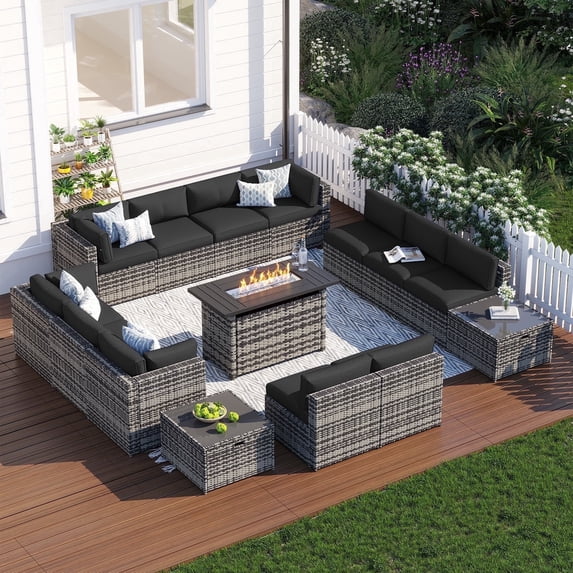 Clouddwell 15 Piece Patio Furniture Set with 44” Fire Pit Table Wicker Rattan Patio Conversation Set Outdoor Sectional Sofa Set with Coffee Table and Black Cushions(Waterproof Cover Included)