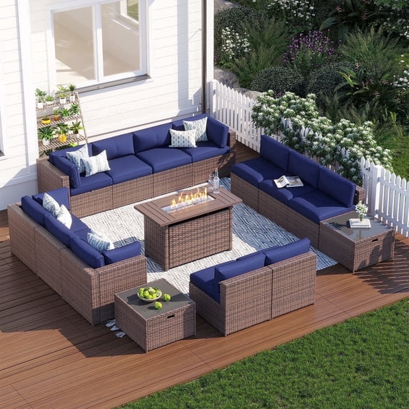 Clouddwell 15 Piece Patio Furniture Set with 44” Fire Pit Table Wicker Rattan Patio Conversation Set Outdoor Sectional Sofa Set with Coffee Table and Blue Cushions(Waterproof Cover Included)