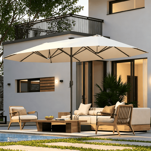 Clouddwell 15ft Patio Umbrella with Base Included, Outdoor Double-Sided Rectangular Umbrella, Beige
