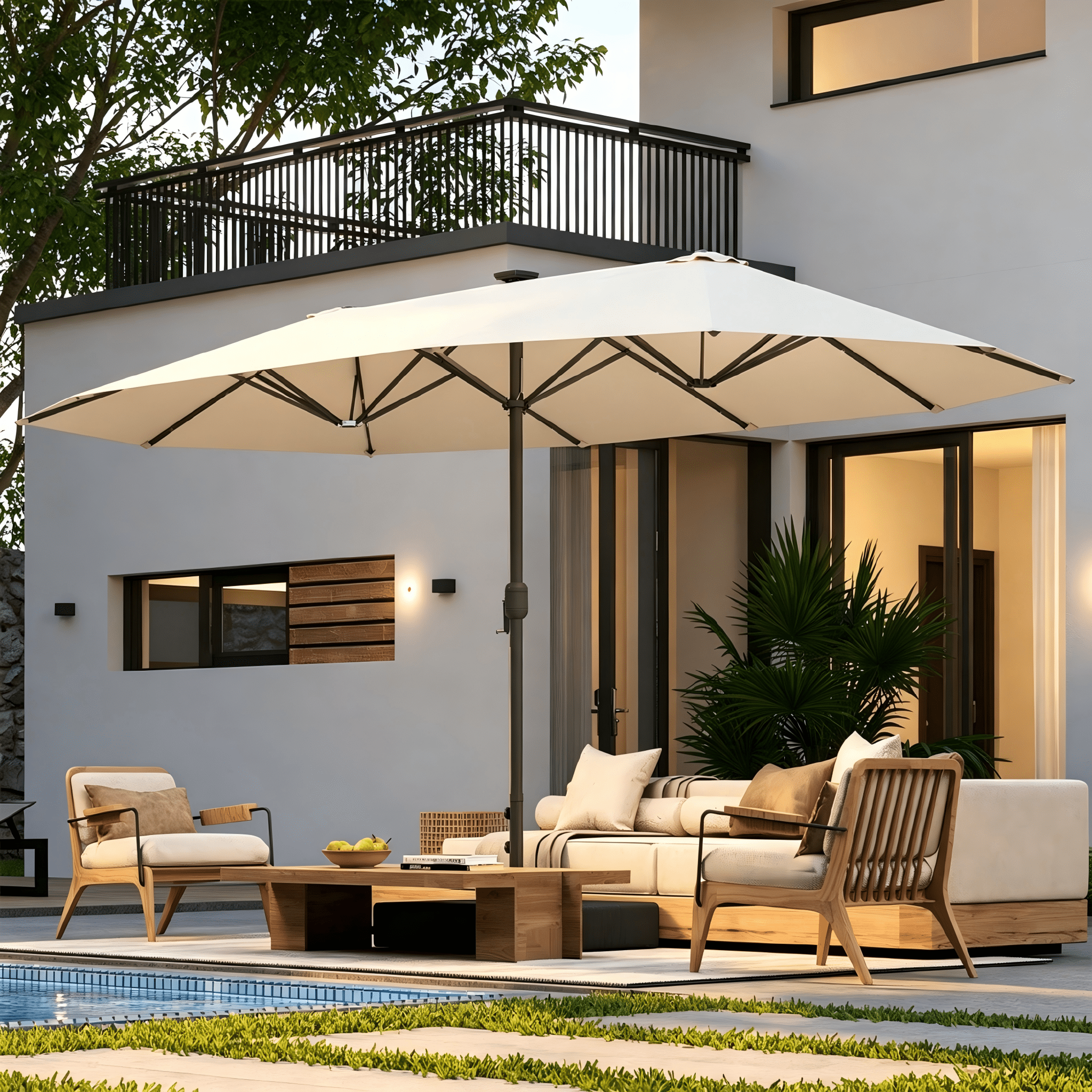 LazySunsets 15ft Patio Umbrella with Base Included, Outdoor Double-Sided Rectangular Umbrella, Beige