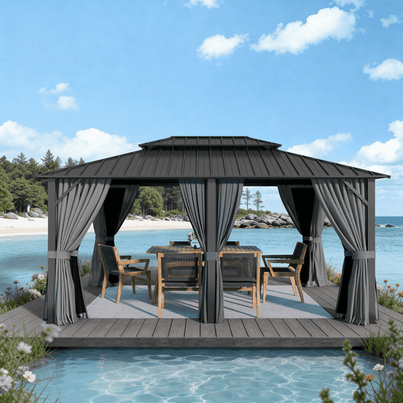LazySunsets 16' X 12' Hardtop Gazebo with Double Roof Outdoor Gazebos for Patio Lawn and Garden Included Netting and Curtains, Gray