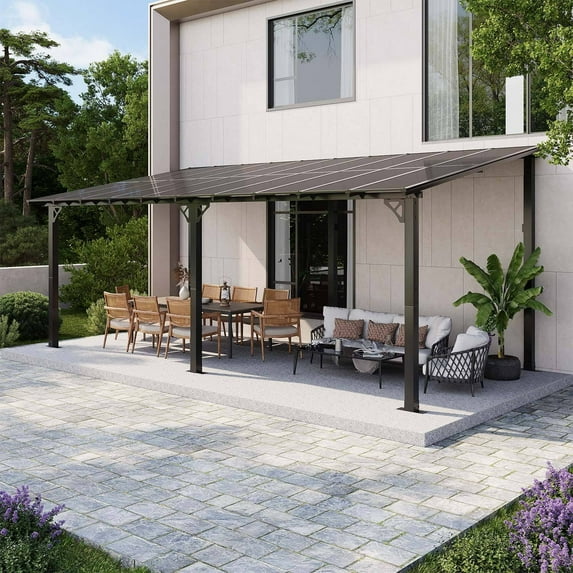 Clouddwell 20'x 10' Wall-Mounted Gazebo Pergola with Aluminum Top Frame & Polycarbonate Panel, Large Heavy-Duty Awnings for Backyard Black