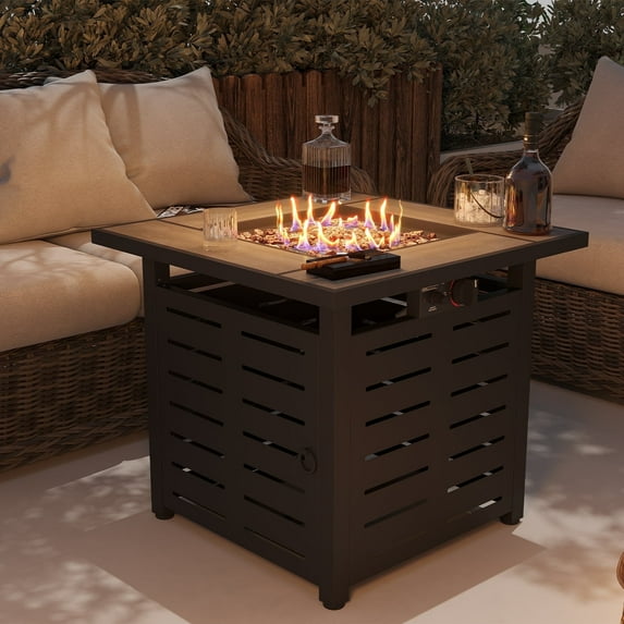 Clouddwell 28" Propane Gas Fire Pit Table Ceramic Top, 50,000 BTU Square Outdoor Patio Fire Pit Table with Lava Rocks and Removable Lid for Outside Patio Deck/Garden/Backyard, Black
