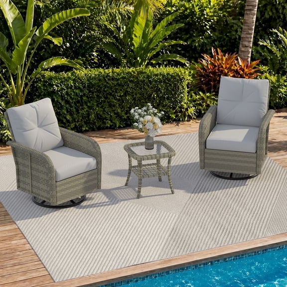 Clouddwell 3 Pieces Outdoor Patio Furniture Set, Rattan Wicker Sectional Swivel Rocker Chairs Sets, Light Gray/Yellow