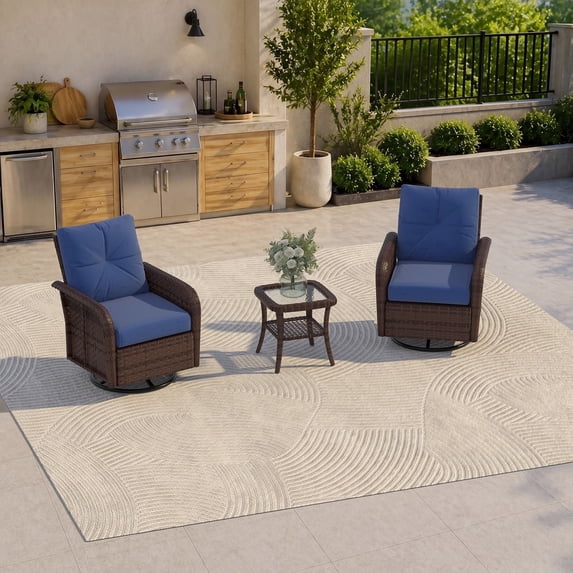Clouddwell 3 Pieces Outdoor Patio Furniture Set, Rattan Wicker Sectional Swivel Rocker Chairs Sets, Blue/Brown