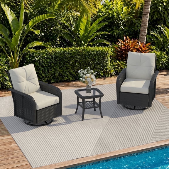 Clouddwell 3 Pieces Outdoor Patio Furniture Set, Rattan Wicker Sectional Swivel Rocker Chairs Sets, Off White/Black