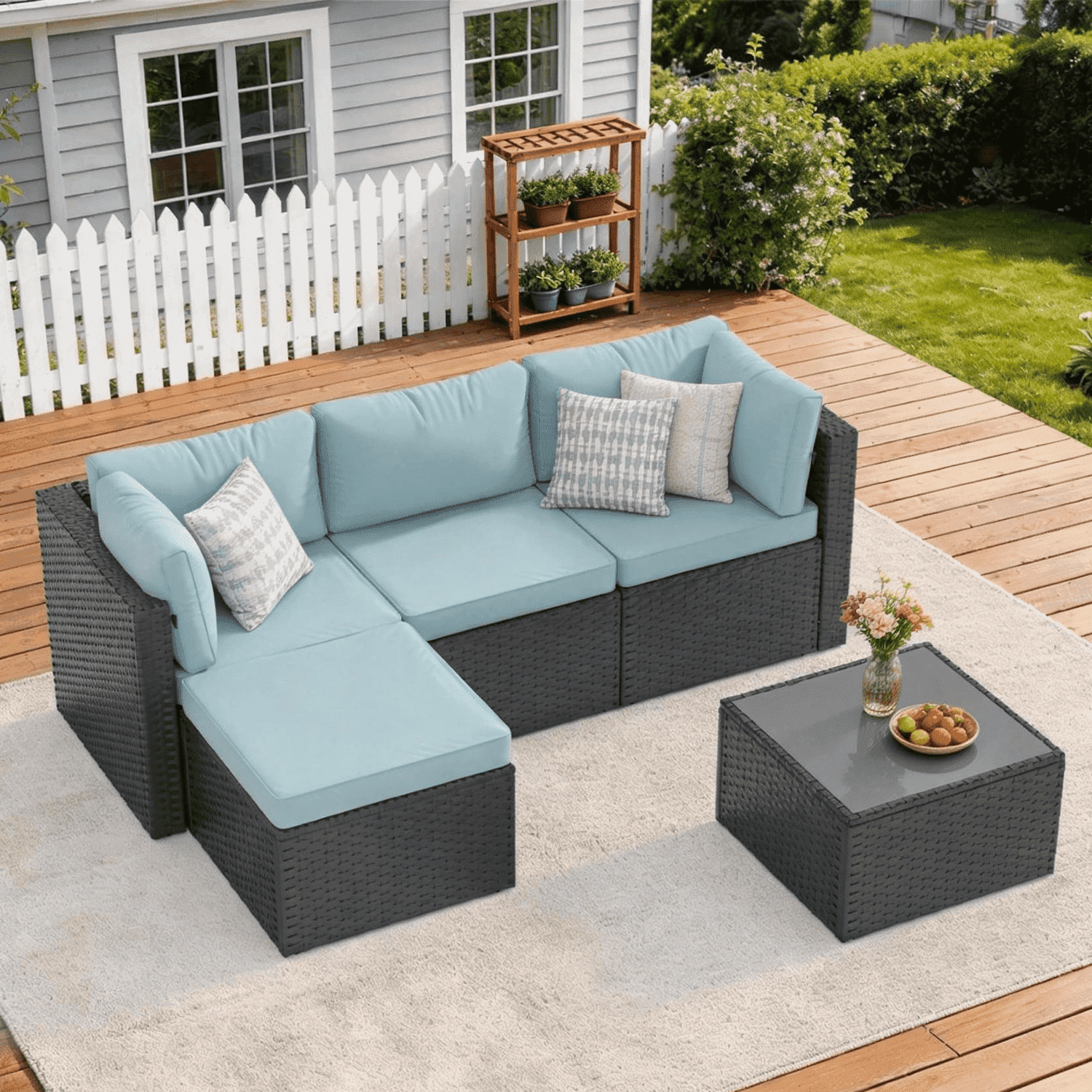 Clouddwell 5 Pieces Patio Furniture Set, All-Weather Wicker Rattan Patio Sectional Sofa Set with Coffee Table (Light Blue)