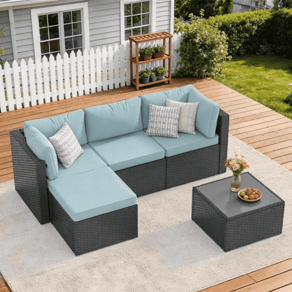 Clouddwell 5 Pieces Patio Furniture Set, All-Weather Wicker Rattan Patio Sectional Sofa Set with Coffee Table (Light Blue)