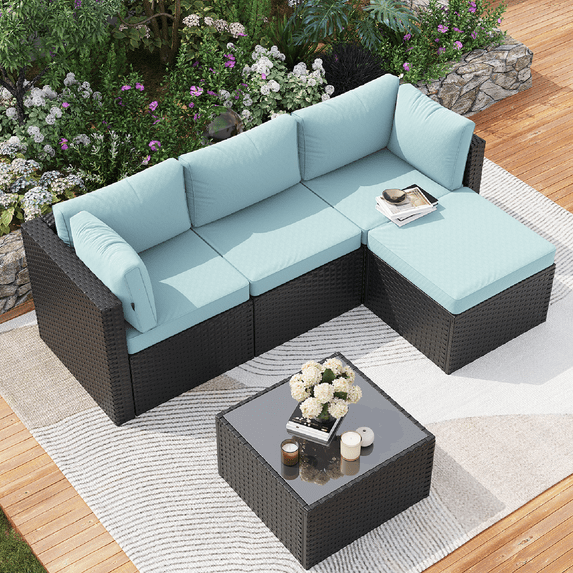 Clouddwell 5 Pieces Patio Furniture Set, All-Weather Wicker Rattan Patio Sectional Sofa Set with Coffee Table (Light Blue)