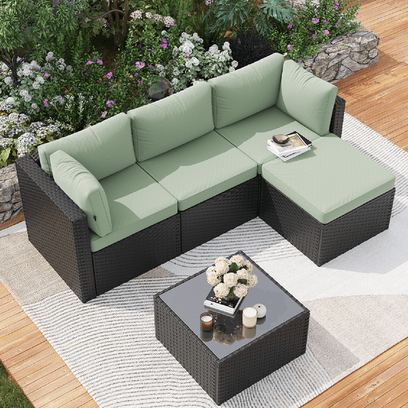 Clouddwell 5 Pieces Patio Furniture Set, All-Weather Wicker Rattan Patio Sectional Sofa Set with Coffee Table (Light Green)