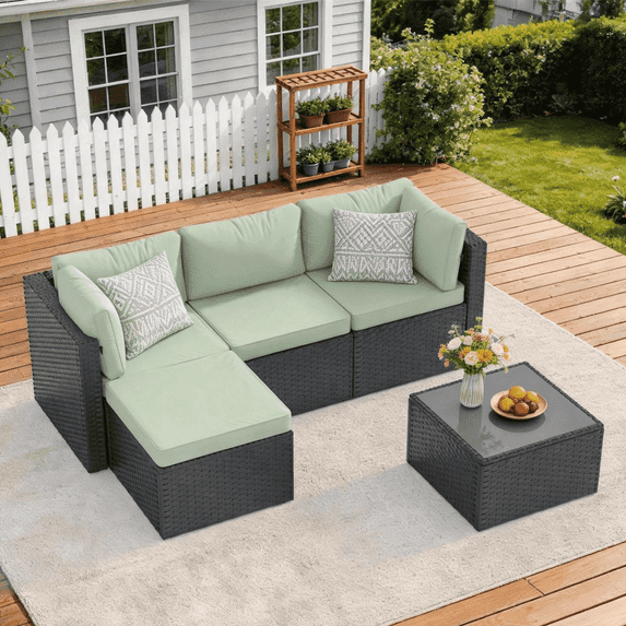 Clouddwell 5 Pieces Patio Furniture Set, All-Weather Wicker Rattan Patio Sectional Sofa Set with Coffee Table (Light Green)