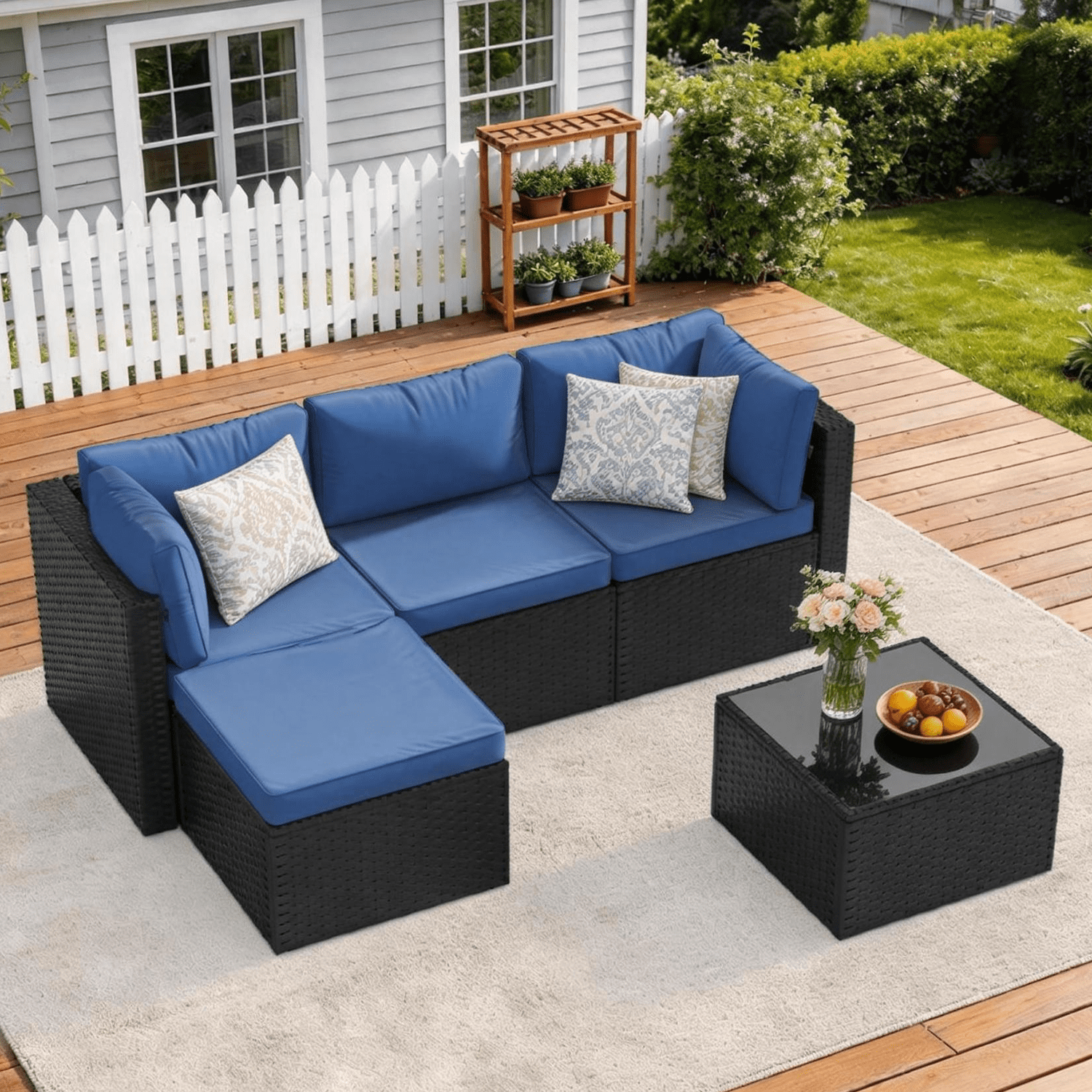 Clouddwell 5 Pieces Patio Furniture Set, All-Weather Wicker Rattan Patio Sectional Sofa Set with Coffee Table (Navy Blue)