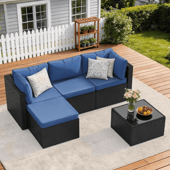 Clouddwell 5 Pieces Patio Furniture Set, All-Weather Wicker Rattan Patio Sectional Sofa Set with Coffee Table (Navy Blue)