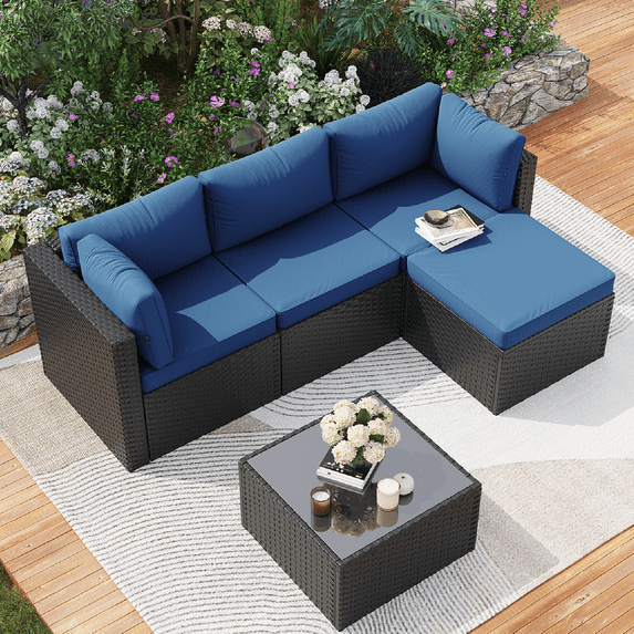 Clouddwell 5 Pieces Patio Furniture Set, All-Weather Wicker Rattan Patio Sectional Sofa Set with Coffee Table (Navy Blue)