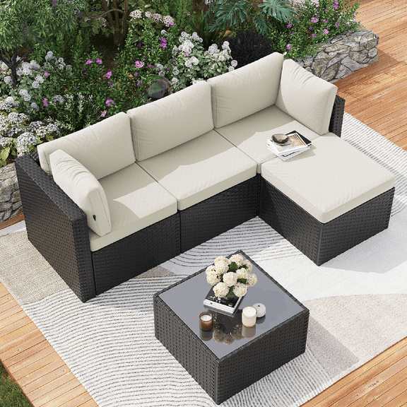 Clouddwell 5 Pieces Patio Furniture Set, All-Weather Wicker Rattan Patio Sectional Sofa Set with Coffee Table (Off-White)