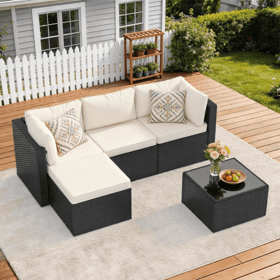 Clouddwell 5 Pieces Patio Furniture Set, All-Weather Wicker Rattan Patio Sectional Sofa Set with Coffee Table (Off-White)