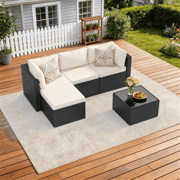 Clouddwell 3 Pieces Patio Furniture Set, All-Weather Wicker Rattan Patio Sectional Sofa Set with Coffee Table (Off-White)