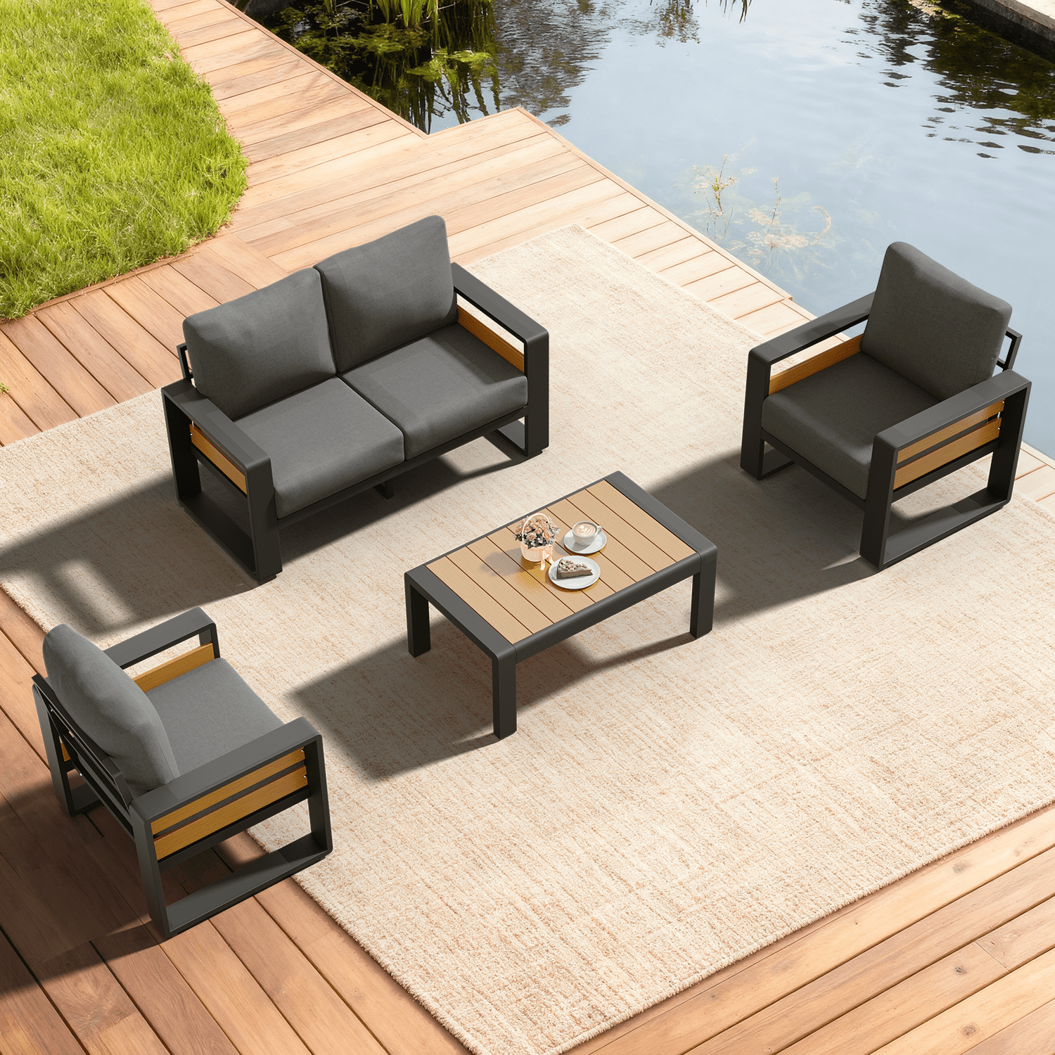 Clouddwell 4-Seats Aluminum Patio Furniture Set, Outdoor Metal Sofa Conversation Set with Coffee Table for Pool Garden Porch Backyard, Dark Gray