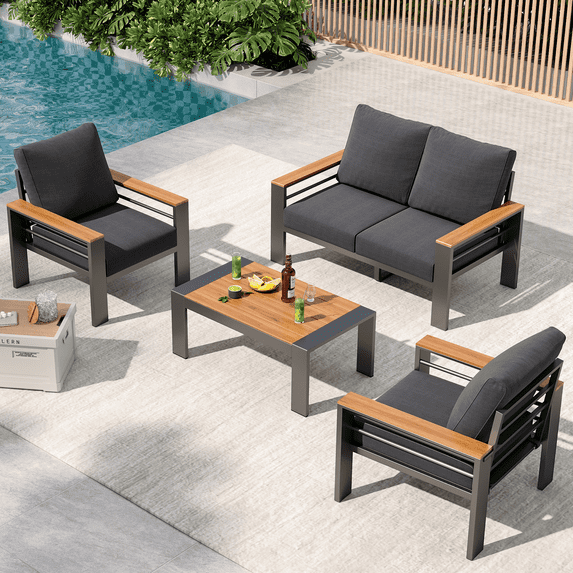 Clouddwell 4-Seats Outdoor Patio Sectional Set with Coffee Table & Cushions - Aluminum Furniture for Terrace/Garden/Poolside (Gray)