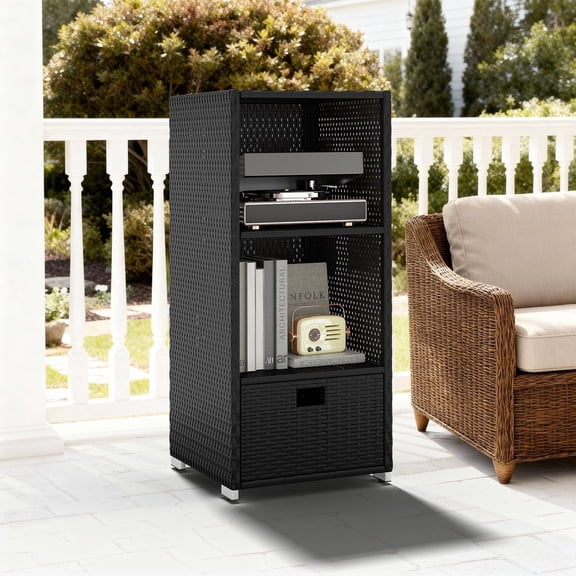 Dateyes 45" Outdoor Patio Storage Cabinet, 3-Shelf Rattan Cabinet with Removable Drawer & Wicker Storage for Poolside and Backyard in Black