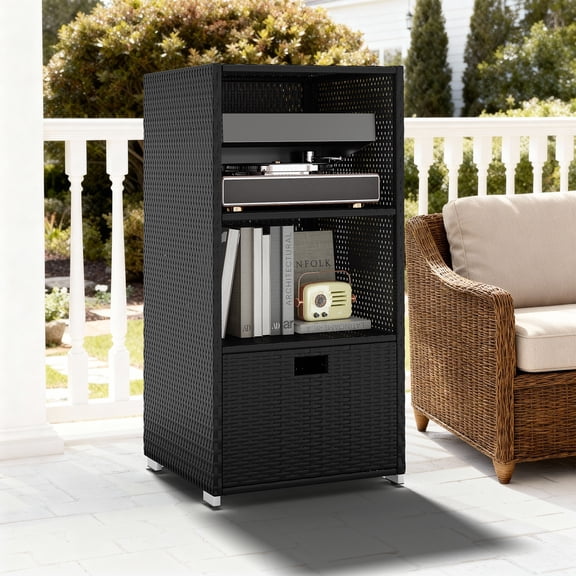 Clouddwell 47" Outdoor Patio Storage Cabinet, 3-Shelf Rattan Cabinet with Removable Drawer & Wicker Storage for Poolside and Backyard in Black