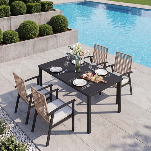 Clouddwell 5-Piece Outdoor Patio Dining Set, Wicker Chairs & Metal Table with Umbrella Hole, Patio Furniture Set for 4, with Soft Cushions for Backyard Garden