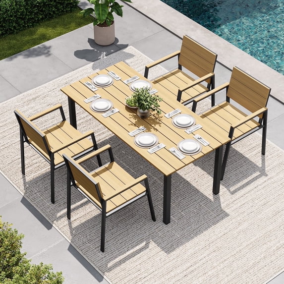Clouddwell 5‑Piece Aluminum Outdoor Patio Dining Set, Stackable Chairs & Metal Table with Umbrella Hole, Yellow Finish, Outdoor Furniture Set for Backyard Deck Porch