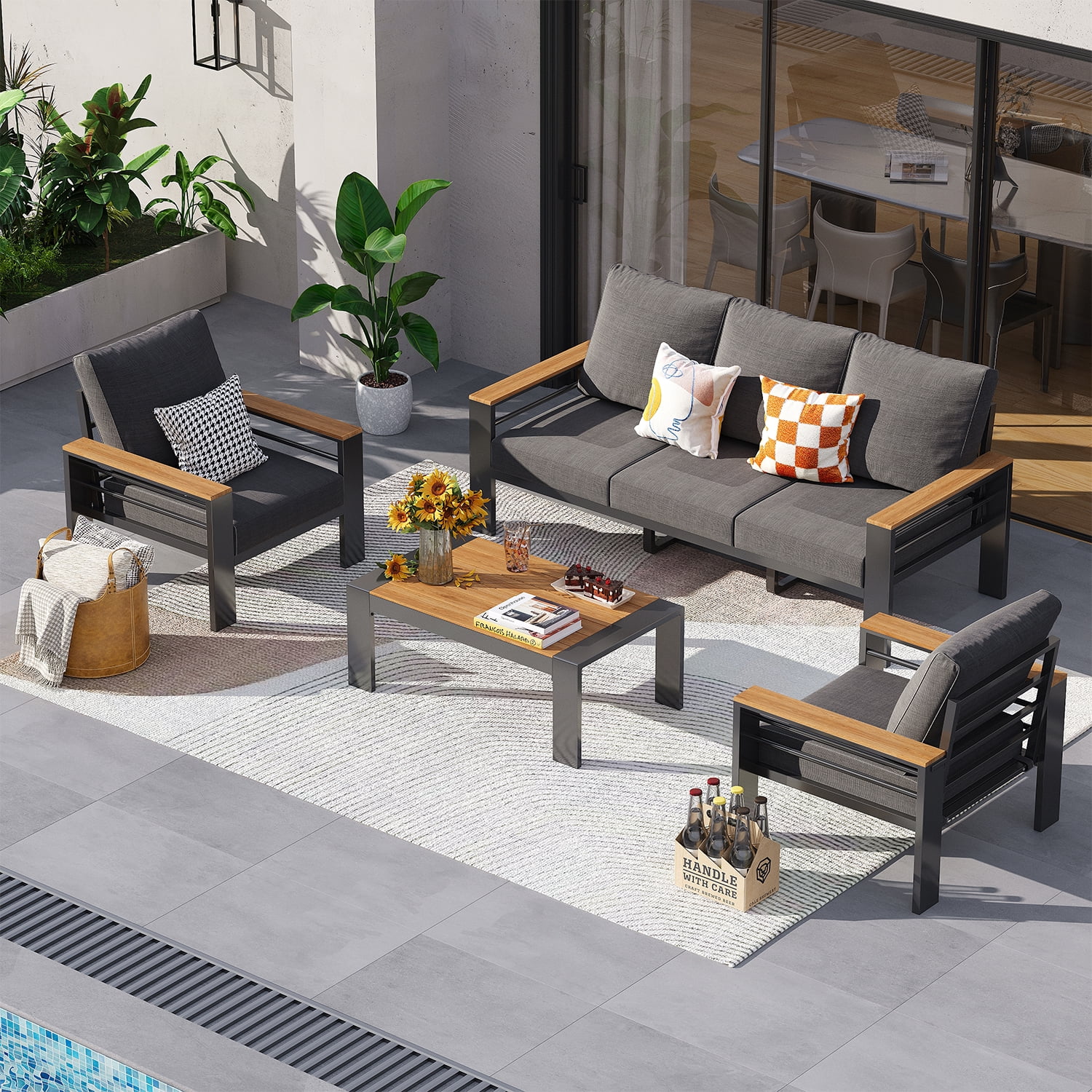 Clouddwell 5-Seats Outdoor Patio Sectional Set with Coffee Table & Cushions - Aluminum Furniture for Terrace/Garden/Poolside (Gray)